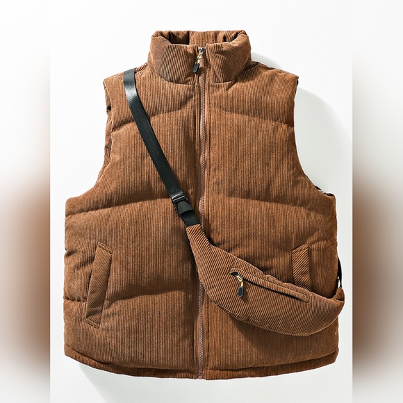 Men's & Women's Brown Corduroy Puffer Vest With Chest Bag